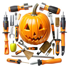 A collection of carved pumpkins and tools for Halloween decoration