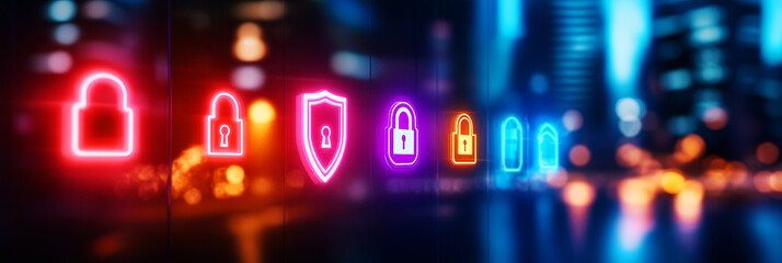 Neon Security Locks and Shield Concept in Urban Environment with Bright Lights Showcasing Digital Protection and Data Security Themes