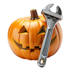A collection of carved pumpkins and tools for Halloween decoration