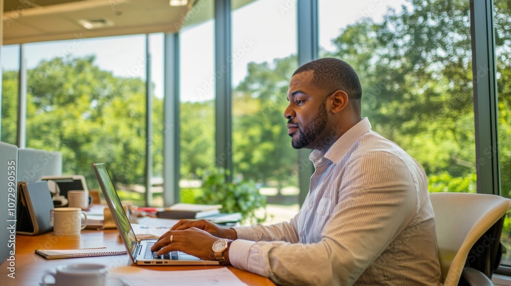 Poster a man is typing on a laptop in front of a window
