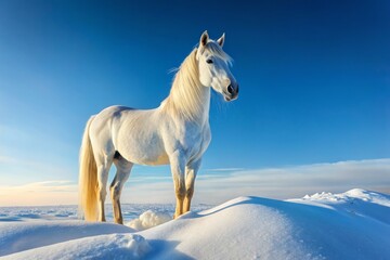 Fototapeta premium Majestic White Horse Standing Gracefully on a Snowy Landscape with Vast Clear Blue Sky, Perfect for Winter-Themed Designs, Nature Posters, and Equine Art Displays