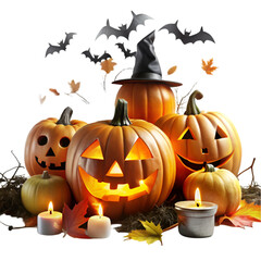 A collection of carved pumpkins and tools for Halloween decoration