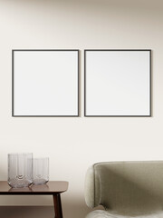 Empty framed canvas for mockups and art illustrations on interior background