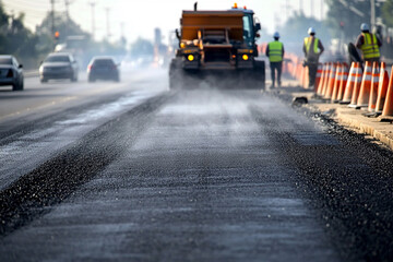 Obraz premium asphalt paver machine used in road construction for smoothing and distributing asphalt sunset background
