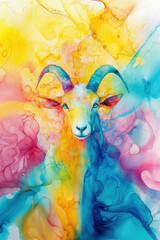 goat, magic fantasy, alcohol ink painting, psychedelic abstract, bright saturated background 