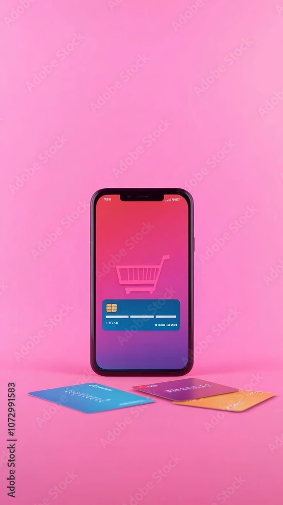 Poster smartphone is displaying a credit card being used for online shopping and payment, with several cred
