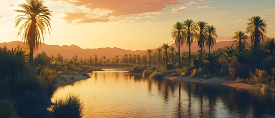 Tranquil Desert Oasis with Sunset Reflections on Water