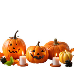 A collection of carved pumpkins and tools for Halloween decoration