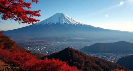 Fototapeta premium Mount Fuji, Japan, symmetrical snow-capped peak rising above forested landscapes, capturing the iconic beauty and cultural significance of Japan’s tallest mountain.