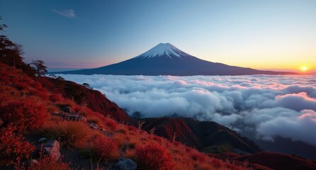 Fototapeta premium Mount Fuji, Japan, symmetrical snow-capped peak rising above forested landscapes, capturing the iconic beauty and cultural significance of Japan’s tallest mountain.