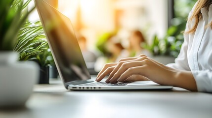 Modern home office scene featuring a focused individual in a comfortable chair,utilizing laptop an web camera for remote hiring success,accompanied by natural lighting ,potted plant decor,and spacious