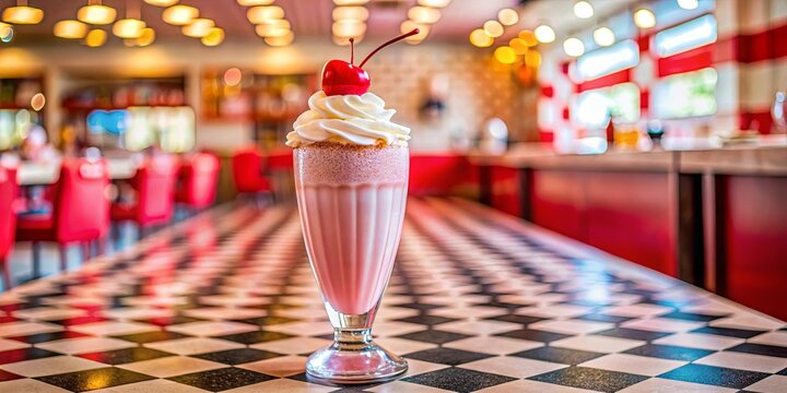 A frosty, cherry-topped milkshake stands tall on a checkered table in a classic diner setting, inviting a taste of nostalgic indulgence.