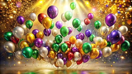 A celebratory display of vibrant balloons, filled with helium and shimmering with festive reflections, against a backdrop of sparkling gold confetti and twinkling lights.