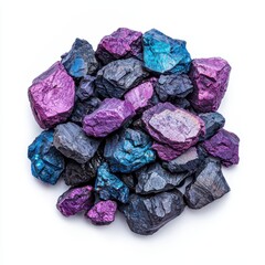 Colorful mineral stones scattered on a white isolated background.