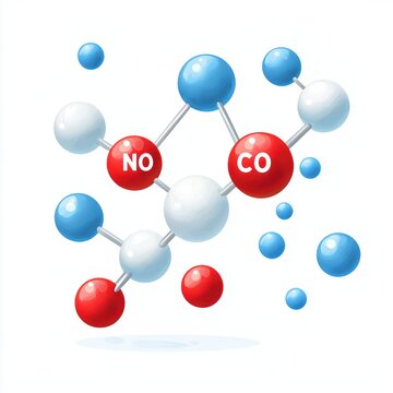 Colorful molecular model illustrating the structure of nitrogen oxide and carbon monoxide.