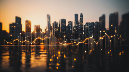 Obraz premium Smart digital Innovation city Business skyscrapers in the Financial District with connection network reciprocity over the cityscape. of future smart wireless digital city and social media networking