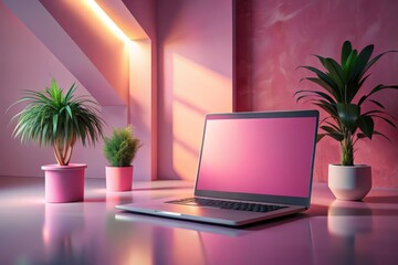 Fototapeta premium Modern Laptop Mockup in a Stylish Pink Room with AI-Generative Design Elements for Trendy Digital Backgrounds and Marketing Materials