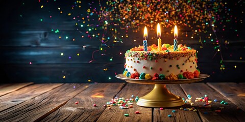 A festive birthday cake adorned with colorful sprinkles and burning candles, resting on a golden cake stand, surrounded by a cascade of confetti on a rustic wooden table.