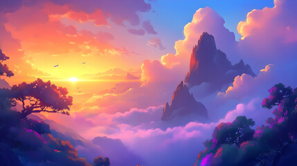 Fototapeta premium A vibrant sunset over majestic mountains, with puffy clouds and a scattering of birds in the sky.