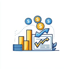Financial growth illustration with charts, coins, and arrows on a white background.