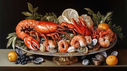 A still life painting depicting a platter of seafood, including lobster, shrimp, and clams. The platter is adorned with fruit and greenery.