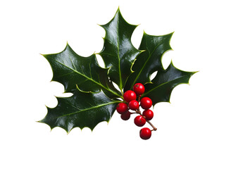 A sprig, three leaves, of green holly and red berries for Christmas decoration isolated against a transparent background.