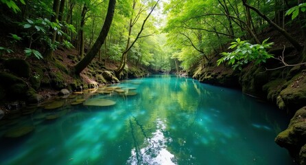 Naklejka premium The Enchanted River, Hinatuan, Philippines, crystal-clear blue river winding through dense forest, highlighting the surreal and magical beauty of the Philippines’ hidden gem.