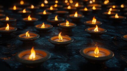 Traditional Diya lamps glowing in the dark, arranged in a pattern, symbolizing the victory of light over darkness during Deepavali