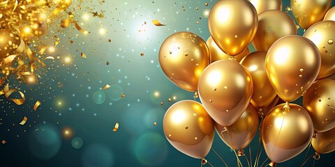A festive celebration with golden balloons and glittering confetti, creating a dazzling backdrop for a special occasion.