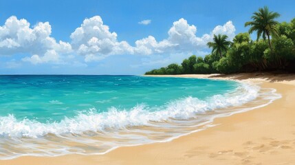 A serene beach scene with turquoise waters, gentle waves, a sandy shore, and lush greenery under a bright blue sky dotted with fluffy clouds.