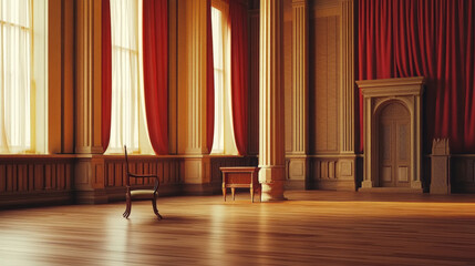 spacious courtroom featuring arranged chairs, elegant wooden flooring, and rich red curtains. atmosphere conveys sense of formality and anticipation
