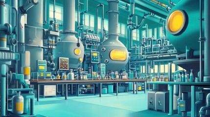 A large industrial laboratory with large vats, machinery, and scientists working on experiments.