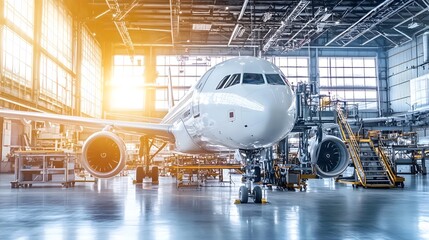 Aircraft manufacturing facility with engineers working on large airplane assembly, showcasing advanced technology and precision engineering in aviation industry.