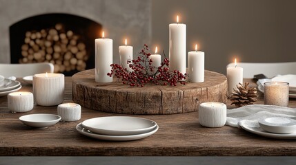 A cozy, rustic dining setting with various white candles, seasonal decorations, and elegant tableware, ideal for a warm, inviting atmosphere