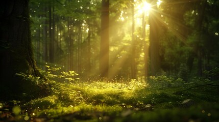 Fototapeta premium A beautiful fairytale enchanted forest with big trees and great vegetation. Digital painting background�