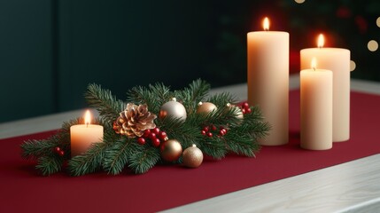 A festive arrangement featuring candles, pine branches, and ornaments set on a red tablecloth, creating a warm ambiance for the holiday season
