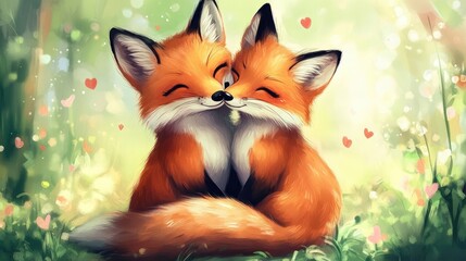 Obraz premium Adorable Fox Couple Cuddling in Enchanting Forest Setting with Heart Elements