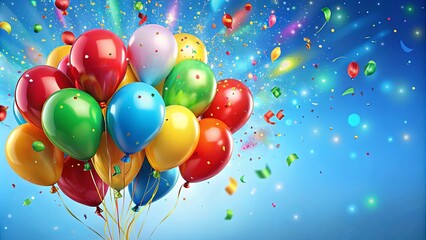 A Cluster of Colorful Balloons Floating Upward in a Sky Filled with Confetti and Sparkling Lights