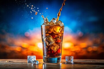 Refreshing Cola Poured into Glass with Ice Cubes on a Gradient Background - Perfect for Summer Beverage Promotions and Marketing Materials