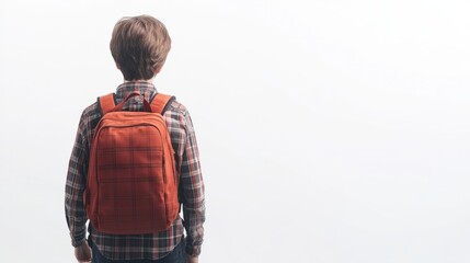 young boy wearing a backpack is seen from behind on a white background with copy space for text. back to school concept.