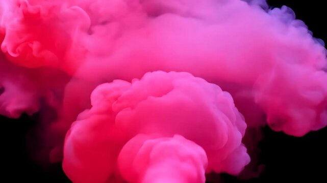 Vivid neon pink cloud of smoke bursting from the center with a playful, energetic glow against a dark background, creating a dynamic and captivating visual