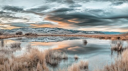 Obraz premium Serene Mountain Landscape with Reflective Pond and Dramatic Cloudscape at Sunset