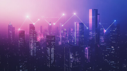 Fototapeta premium Smart digital Innovation city Business skyscrapers in the Financial District with connection network reciprocity over the cityscape. of future smart wireless digital city and social media networking