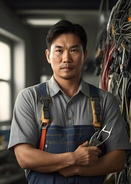 A skilled mechanic stands confidently in a workshop filled with tools and equipment, ready for the challenges of the day ahead. Generative AI