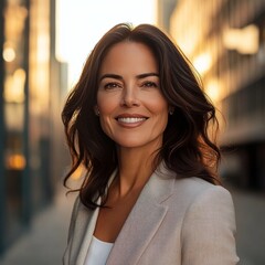 Fototapeta premium Mature businesswoman poses confidently outdoors.