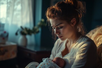 A poignant illustration of a young mother holding her newborn baby, with a sorrowful expression, symbolizing the emotional struggles of postpartum depression, ideal for topics related to mental health