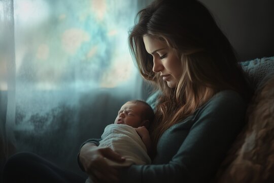 A poignant illustration of a young mother holding her newborn baby, with a sorrowful expression, symbolizing the emotional struggles of postpartum depression, ideal for topics related to mental health
