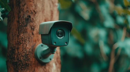 A surveillance camera mounted on a tree, surrounded by green foliage, captures its surroundings for security and monitoring purposes.