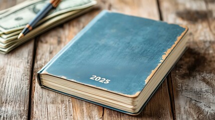 A leather-bound 2025 planner rests on a wooden table beside a stack of dollar bills and a pen, symbolizing organization and financial planning.