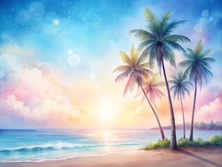 Serene Minimalist Watercolor of Palm Trees on a Tropical Seashore in Soft Pink and Blue Tones, Capturing the Essence of a Sunny Morning Landscape with Copy Space